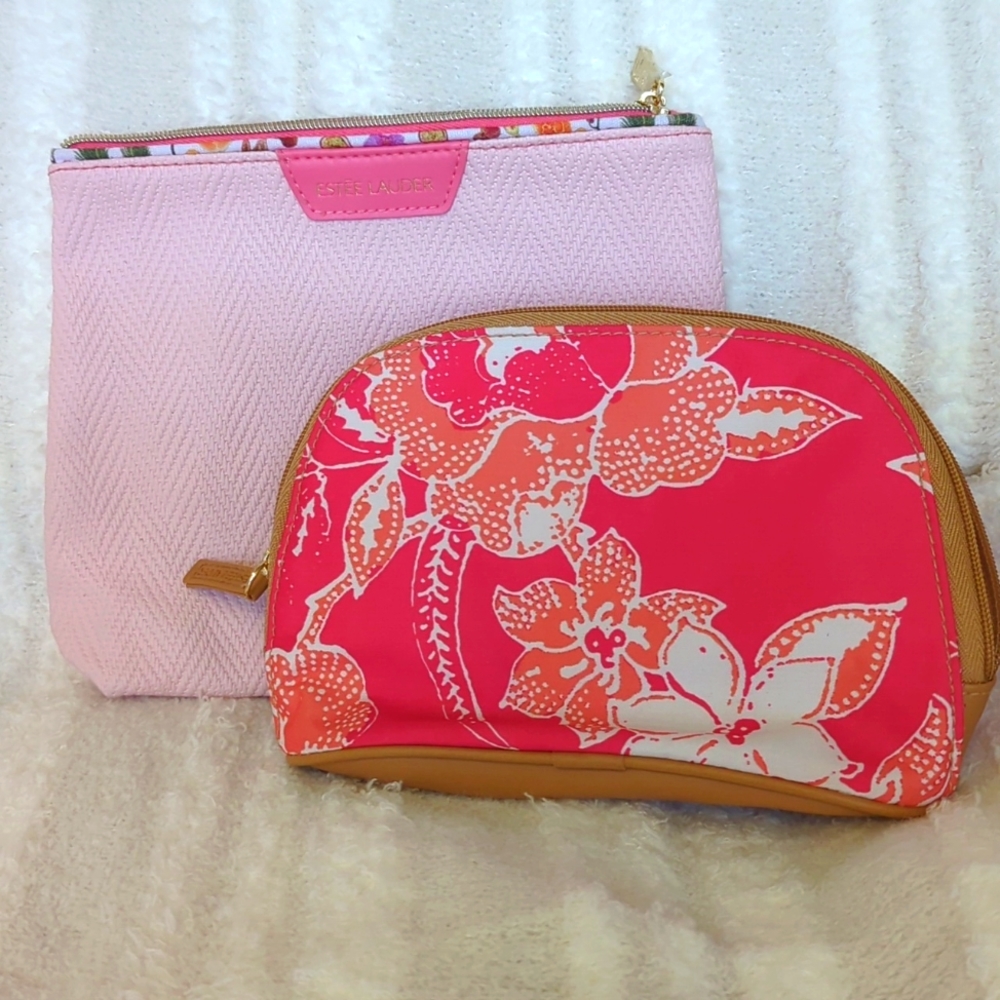 TWO NWT ESTE LAUDER MAKE BAGS PEACH PINK ORANGE WHITE